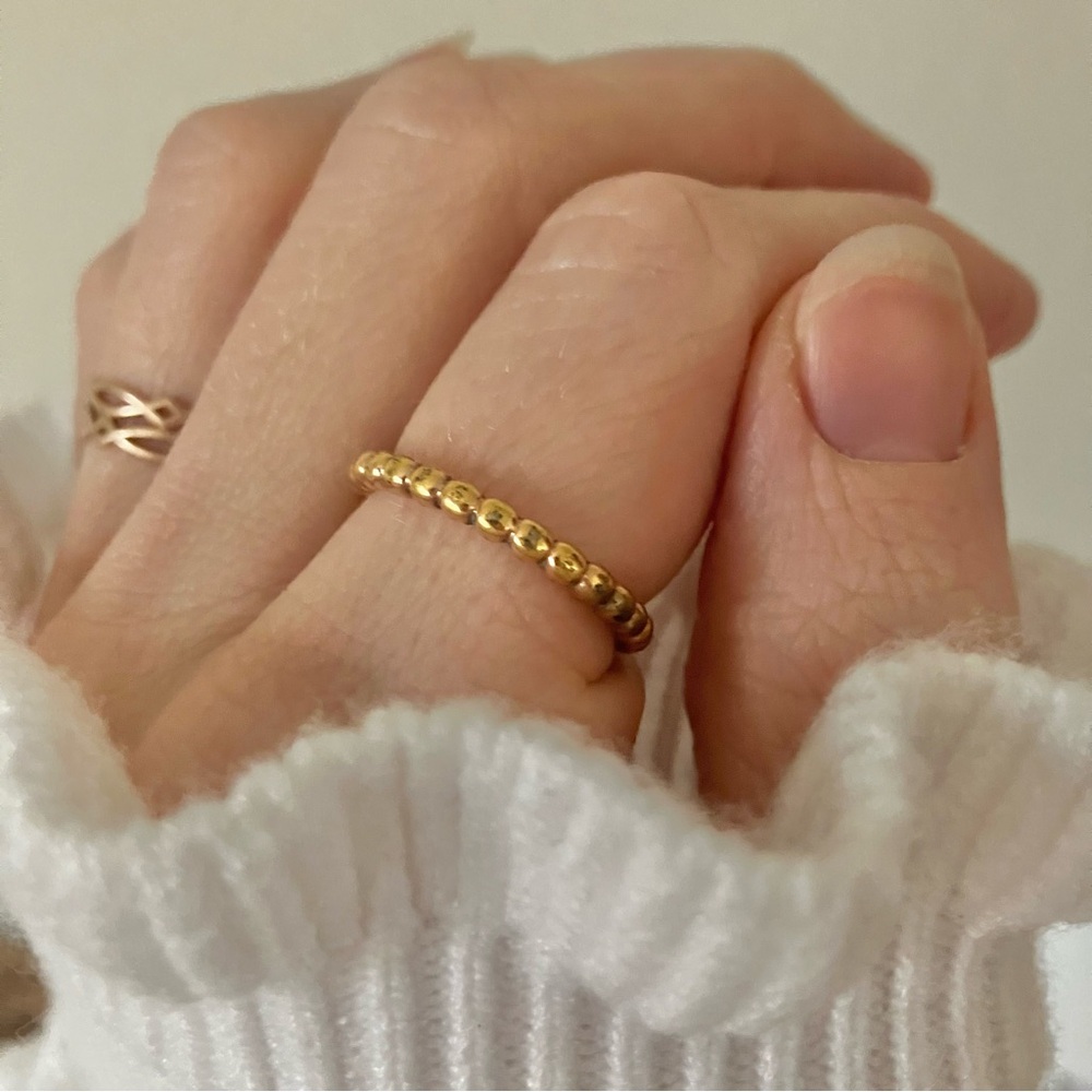 Gold Beaded Band Stacking Neutral Ring “Elfa” Classic Simple Minimal Elegant